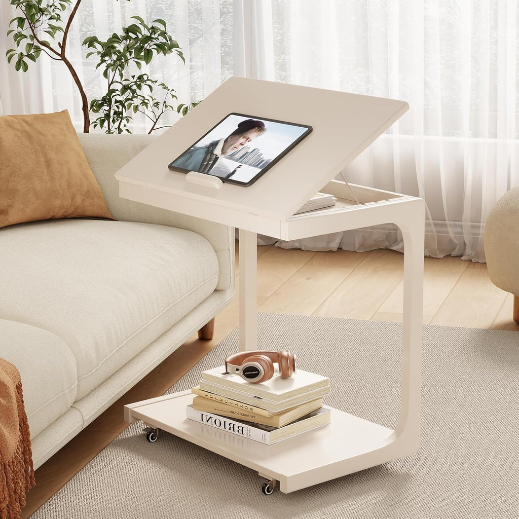 AQIMUELE Wooden C-Shaped End Table,Couch Table with Adjustable Desktop,Small Rolling Side Table with 2 Lockable Wheels 23.6' Width,Small End Table for Couch, Living Room,Bedroom (White)