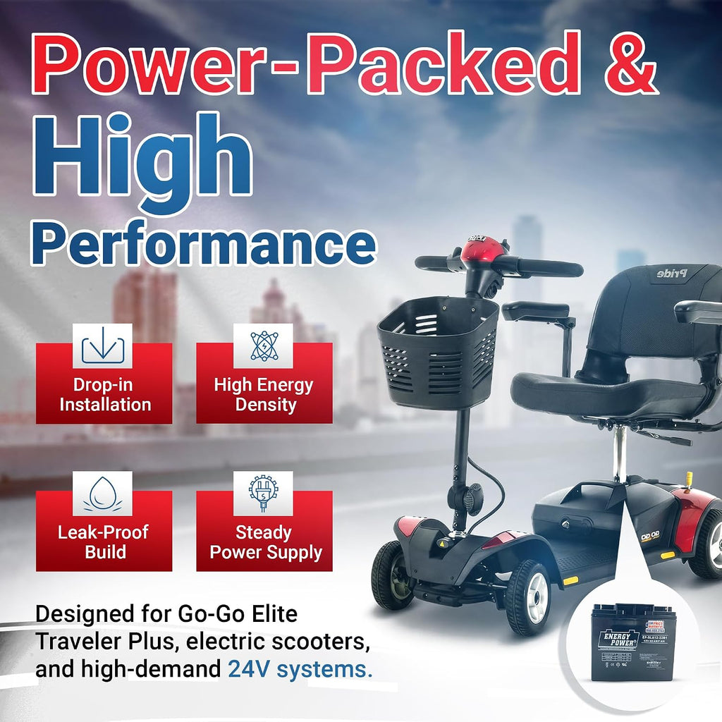 2-Pack 12V 22Ah AGM Batteries - 24V Mobility Scooter Battery Replacement (2x12V) for Go Go Elite Traveler Plus, Upgrade from 18Ah, About 20% Longer Runtime, Size 7.13' x 3.01' x 6.57'