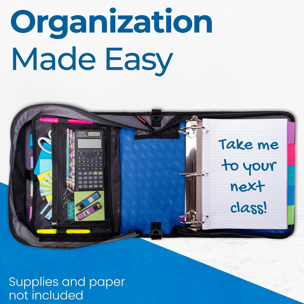 Case-it King Sized Zip Tab School Zipper Binder | 4-Inch D-Rings, 800 Sheet Capacity, 5-Subject Expanding File Folder, Multiple Pockets & Storage Organizer, Shoulder Strap | D-186 Midnight Blue|4 Pack