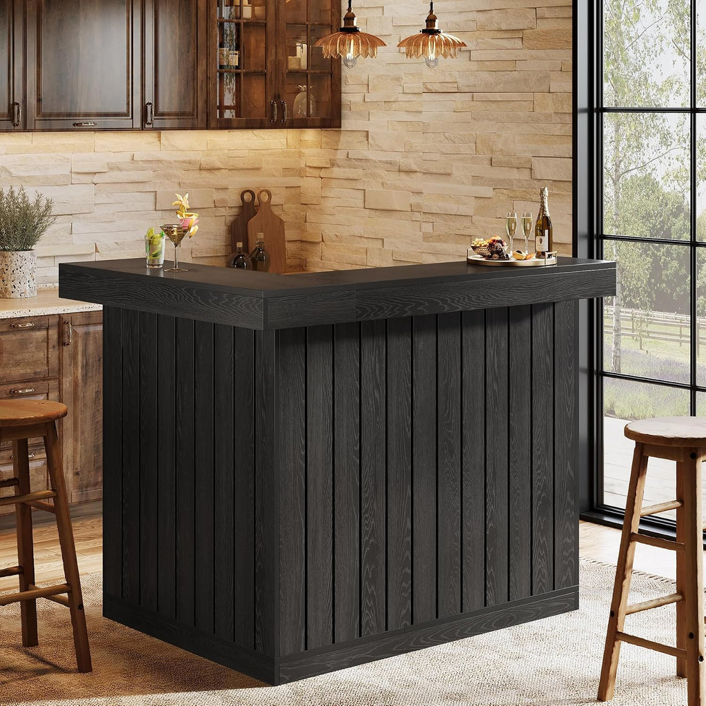 Tribesigns L-Shaped Home Bar Unit, 4-Tier Corner Liquor Bar Table with Storage Shelves and Wine Glasses Holder, Industrial Wine Cabinet Reception Desk for Home Pub (1, Black)