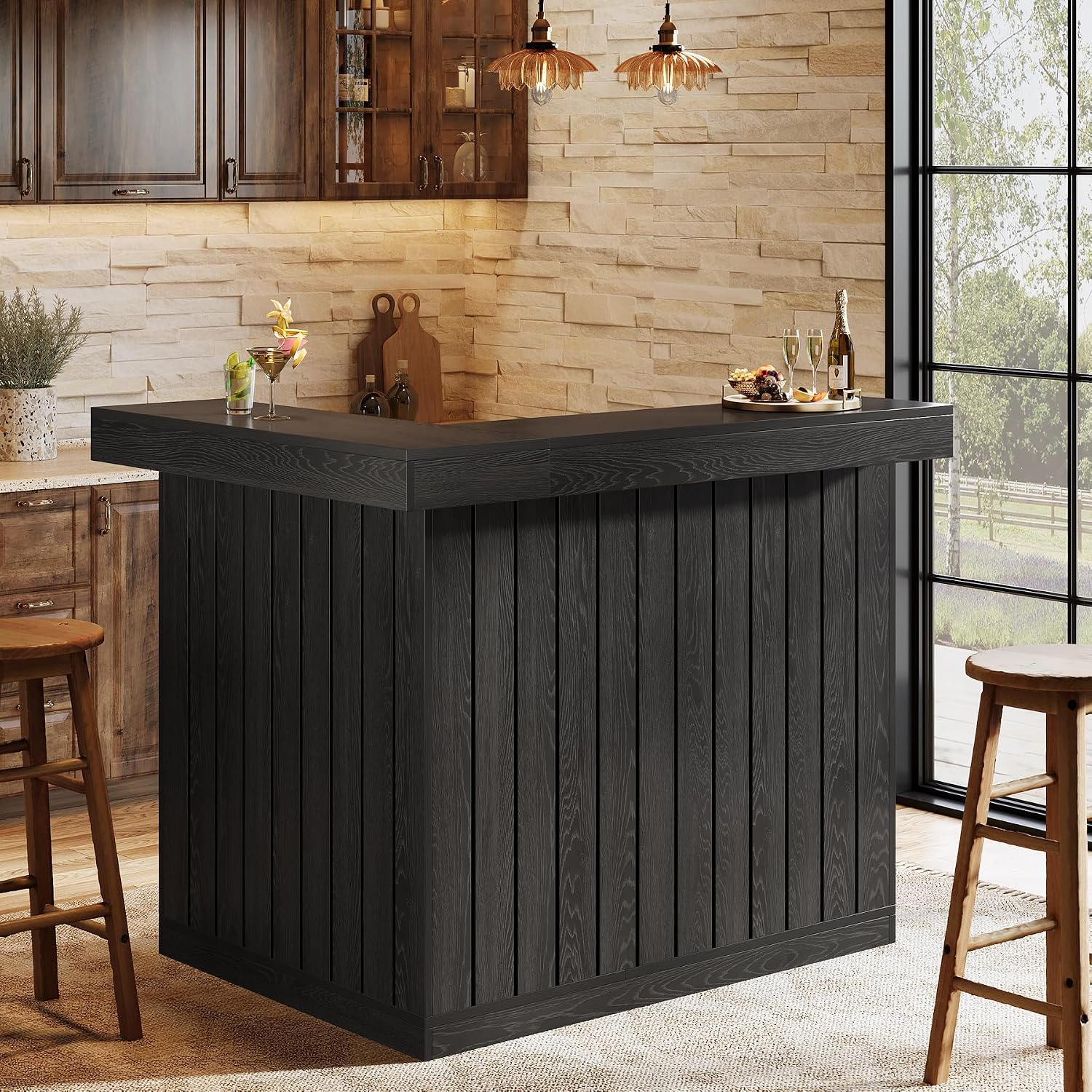 Tribesigns L-Shaped Home Bar Unit, 4-Tier Corner Liquor Bar Table with Storage Shelves and Wine Glasses Holder, Industrial Wine Cabinet Reception Desk for Home Pub (1, Black)