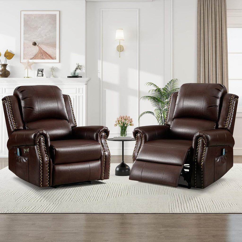 HAOMARKETS Classic Power Recliner Chair Set of 2 with Massage and Heat, Breathable Faux Leather Electric Recliner with USB Port, Overstuffed Reclining Sofa with Rivets for Living Room, Caramel Brown