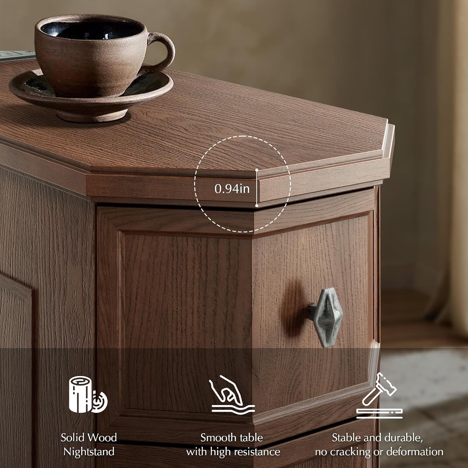 Nightstand Set of 2 with Charging Station, Vintage Wood End Table with 3 Drawer, Victoria Narrow Side Table, Slim Bedside Tables for Bedroom, Pre-Installation, Brown