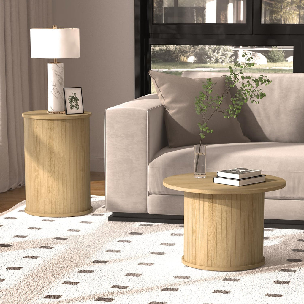 Set of 2 Round Wood Coffee Table Set for Living Room, Fluted Circle Nesting Coffee Tables for Apartment, Small Spaces, Bedroom, Modern Style, Easy Assembly & Maintenance, Oslo Oak