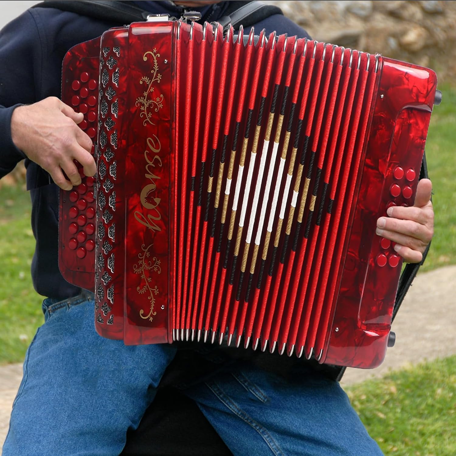 Horse 34 Key Accordion, GCF 12 Bass 3 Row, Made of Celluloid Louder & Clearer Timbre than Plastic,Accordions Instrument for Adults,W/Luxury Backpack,Straps,34 Buttons Acordeón Acordeones Para Adultos