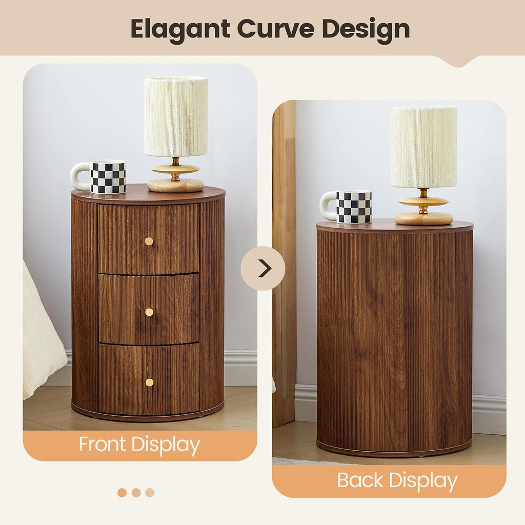 FurSch Fully Assembled Round End Table with 3 Storage Drawers Set of 2, Mid Century Fluted Side Table for Living Room Bedroom Sofa (Walnut-2 pcs)
