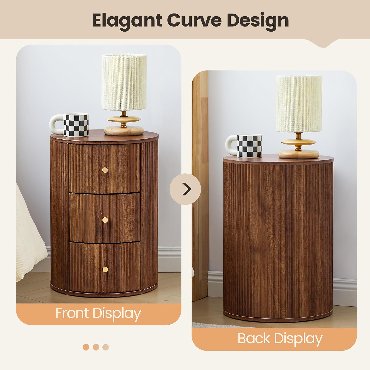 FurSch Fully Assembled Round End Table with 3 Storage Drawers Set of 2, Mid Century Fluted Side Table for Living Room Bedroom Sofa (Walnut-2 pcs)