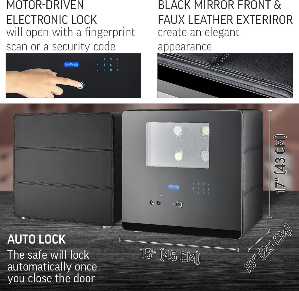 12 Watch Winder with Fingerprint Lock, Interior Light, Alarm System and 2 Storage Compartments