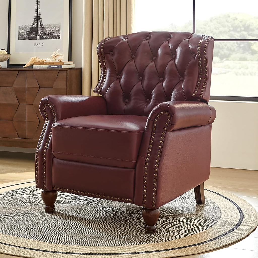 HULALA HOME Genuine Leather Recliner Chair Set of 2 w/Solid Wood Feet, Modern Adjustable Tufted Push Back Arm Chair w/Rivet Decoration, Home Theater Seating Reclining Sofa for Living Room, Burgundy