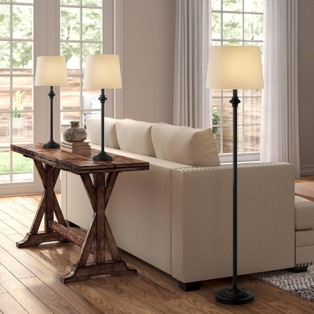 360 Lighting Carter Traditional 3 Piece Table Floor Lamp Set Black Metal Cream Fabric Tapered Drum Shade Decor for Living Room Bedroom House Bedside Nightstand Home Office Reading Family