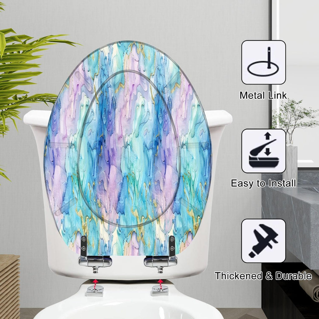 Elongated Toilet Seat Marble Pink Water Color Blue Ink Paint Purple Ink Watercolor Green Resin Toilet Seat Slow Quiet Close Lid with Quick-Release Hinges Cover Bumpers Easy to Clean Install