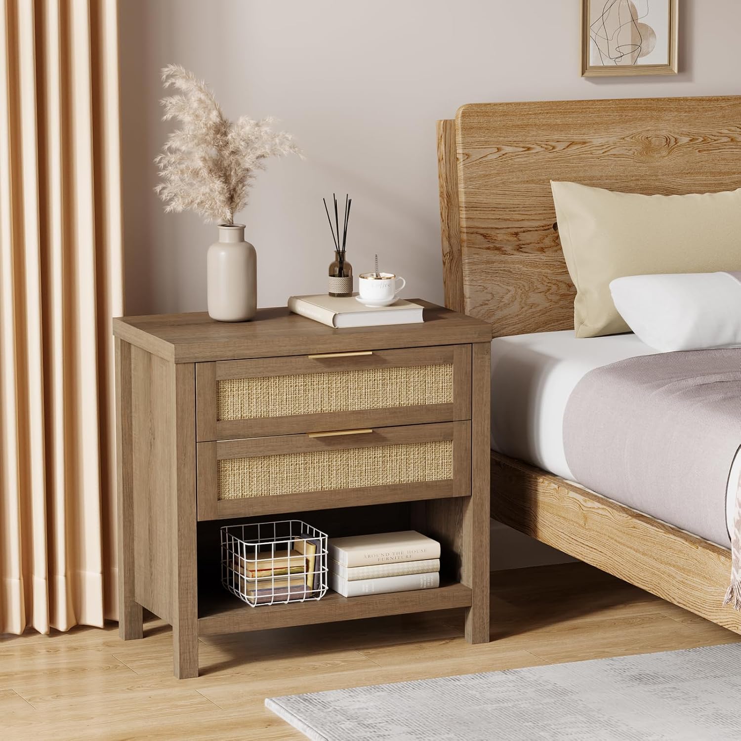 Eclatara Rattan Nightstands, Farmhouse Bedside Table with 2 Drawers and Storage Shelf, Rattan Boho Accent Night Stands for Bedroom Large Space Sofa (1, Reclaimed Caramel Oak)