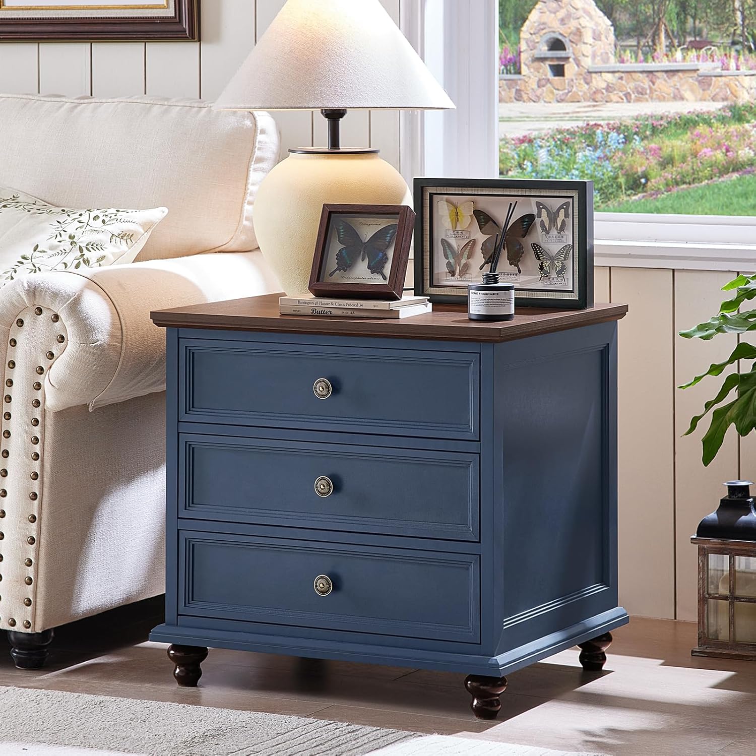 Joaxswe 24' Wide Farmhouse Night Stand Set of 2,Large End Table with 3 Drawers & Metal Handle,Blue Wood Dresser for Bedroom Cabinet, Bed Side Table Chest of Drawers,Nightstand for Living Room,Closet