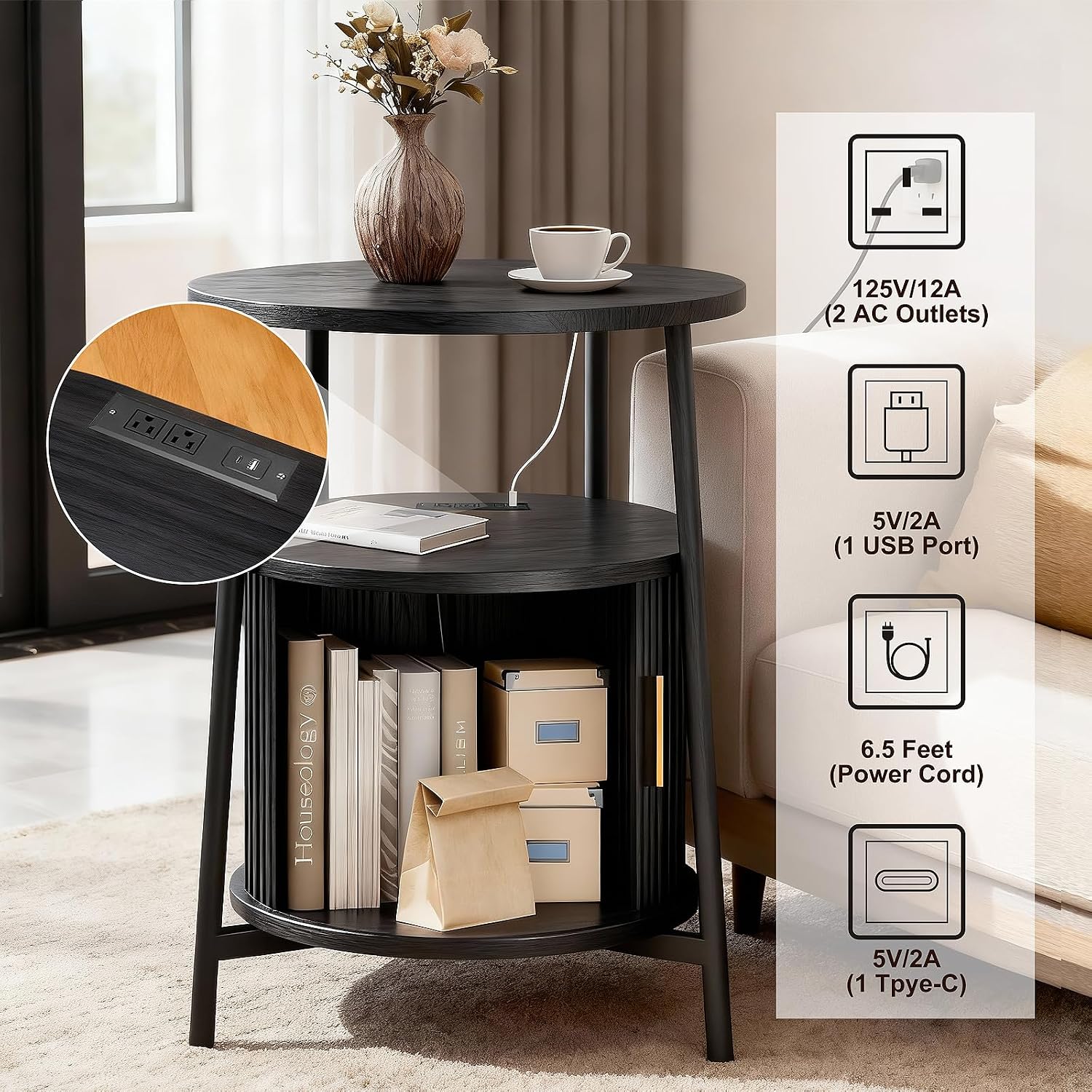 DHH Round End Tables Set of 2 & Charging Station, Fluted Accent Side Table with Sliding Door, Mid-Century Modern Nightstand Set of 2 for Small Space Storage, Living Room, Bedroom,Sofa Couch(2, Black)