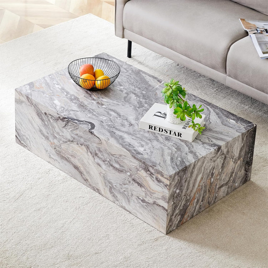 Grey Marble Coffee Table for Living Room Rectangular Faux Marble Center Tables Modern Elegant Wooden Cocktail Table for Home Office -Fully Assembled