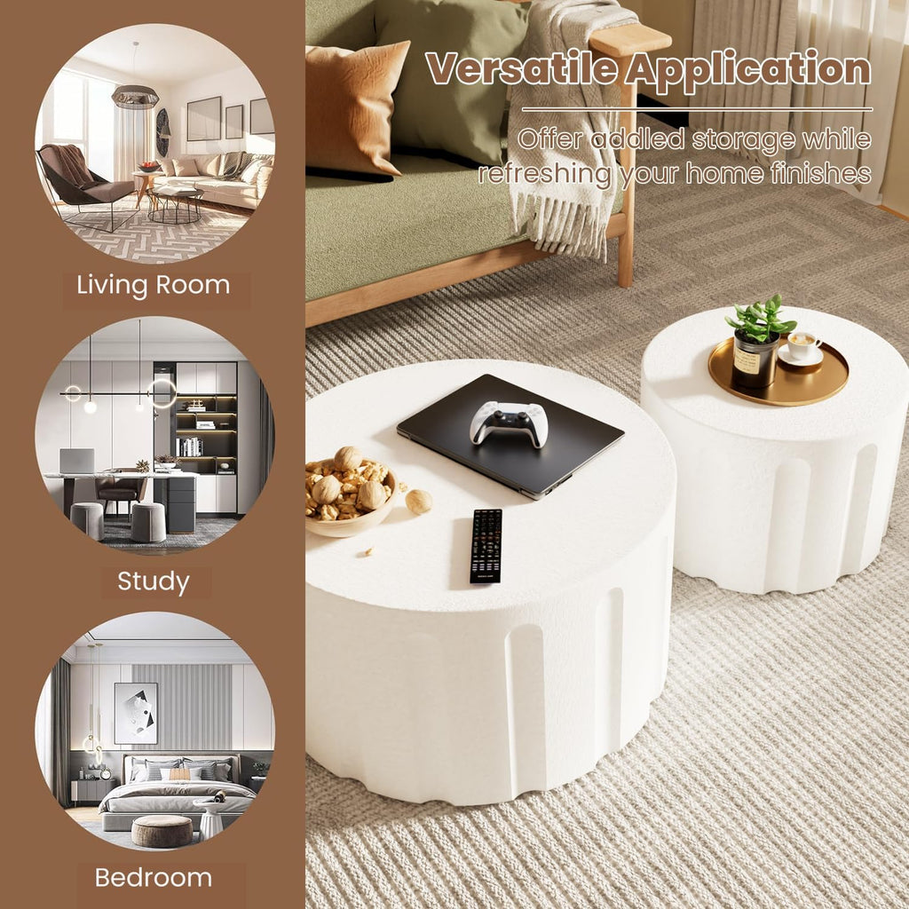 Fluted Round Nesting Coffee Table Set of 2, Modern Unique Circle Coffee Table, Drum Side Tea Table, Space-Saving for Living Room, Bedroom, Balcony, Office, No Assembly (26.77'+19.69' White B)