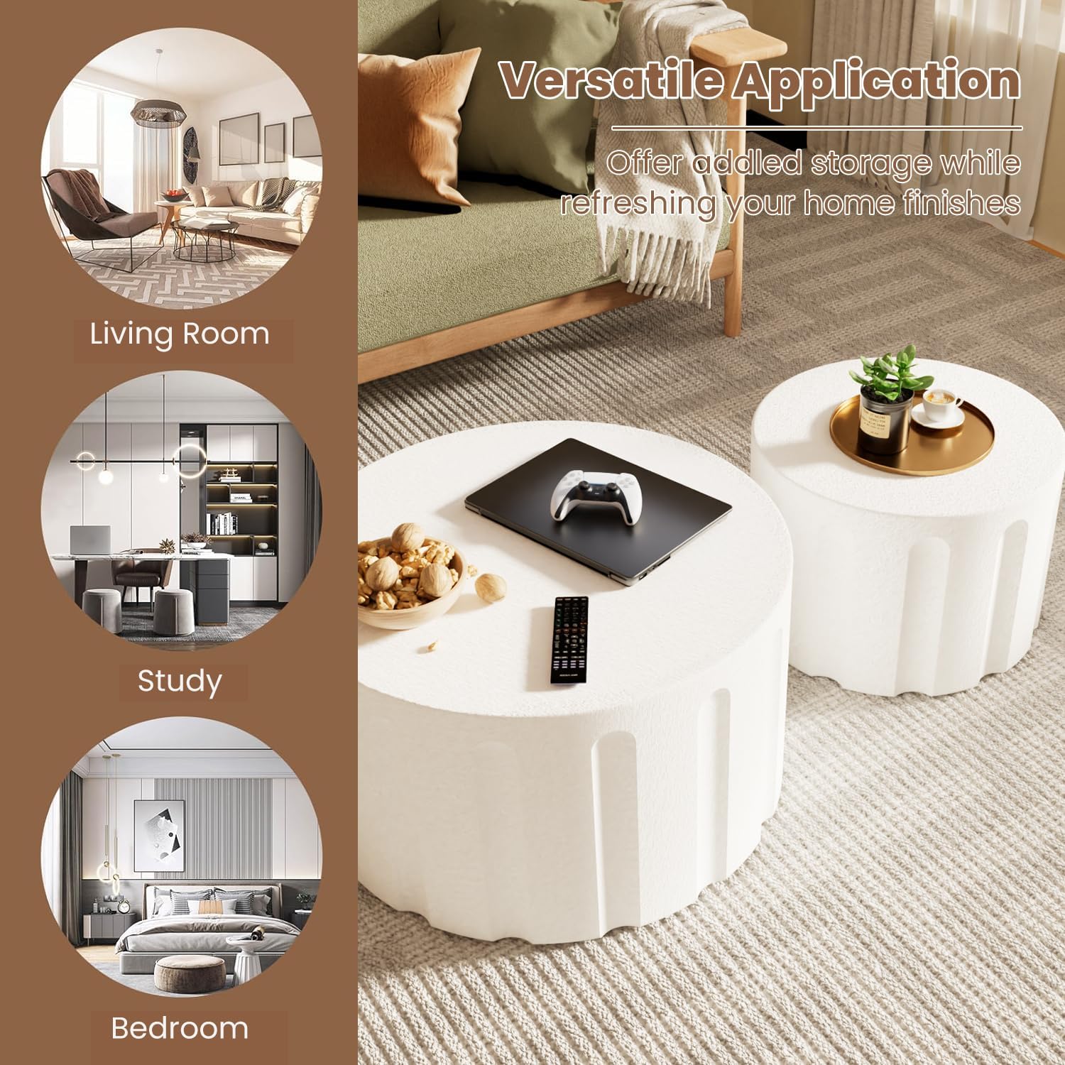 Fluted Round Nesting Coffee Table Set of 2, Modern Unique Circle Coffee Table, Drum Side Tea Table, Space-Saving for Living Room, Bedroom, Balcony, Office, No Assembly (26.77'+19.69' White B)