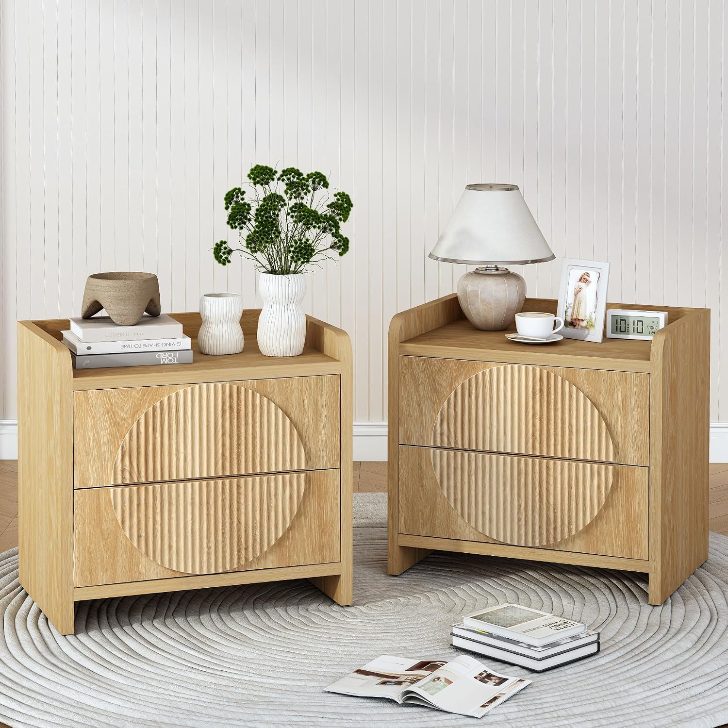 Turtle&Myrtle 24 Inch Wide Fluted Nightstands Set of 2, Large Night Stand with 2 Drawers, Mid Century Modern Bedside Table End Table with Storage for Bedroom (Natural)