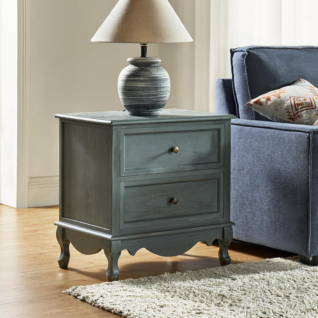 HULALA HOME Solid Wood End Tables Set of 2 with Charging Station Space, Vintage Endtables with Wood Legs and 2 Drawers, French Side Tables for Living Room, Blue