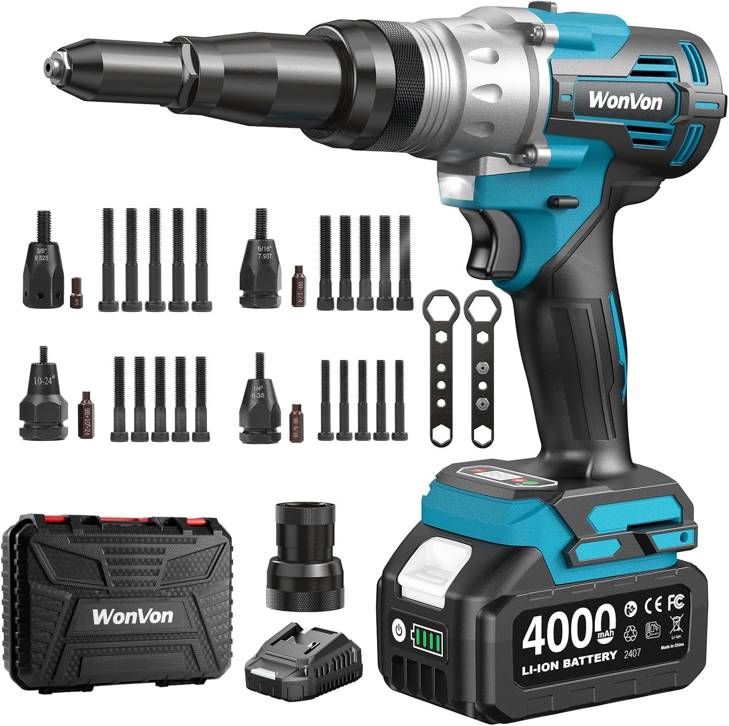 2 in 1 Cordless Electric Rivet/Nut Gun Tool for Nutsert(10/24' & 1/4' & 5/16' & 3/8'),Rivets(1/8'', 5/32'', 3/16'), Portable Battery Powered Pop Rivet/Nut Gun, Auto/Manual Rivet, Two Memory Modes
