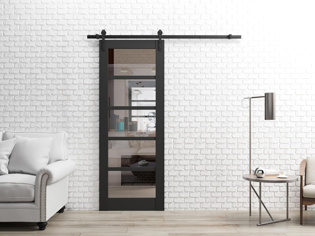 SARTODOORS Quadro 4522 | Interior Single Sliding barn Door with Clear Glass, MDF, 32x96, Black, Modern Style | Hardware Included
