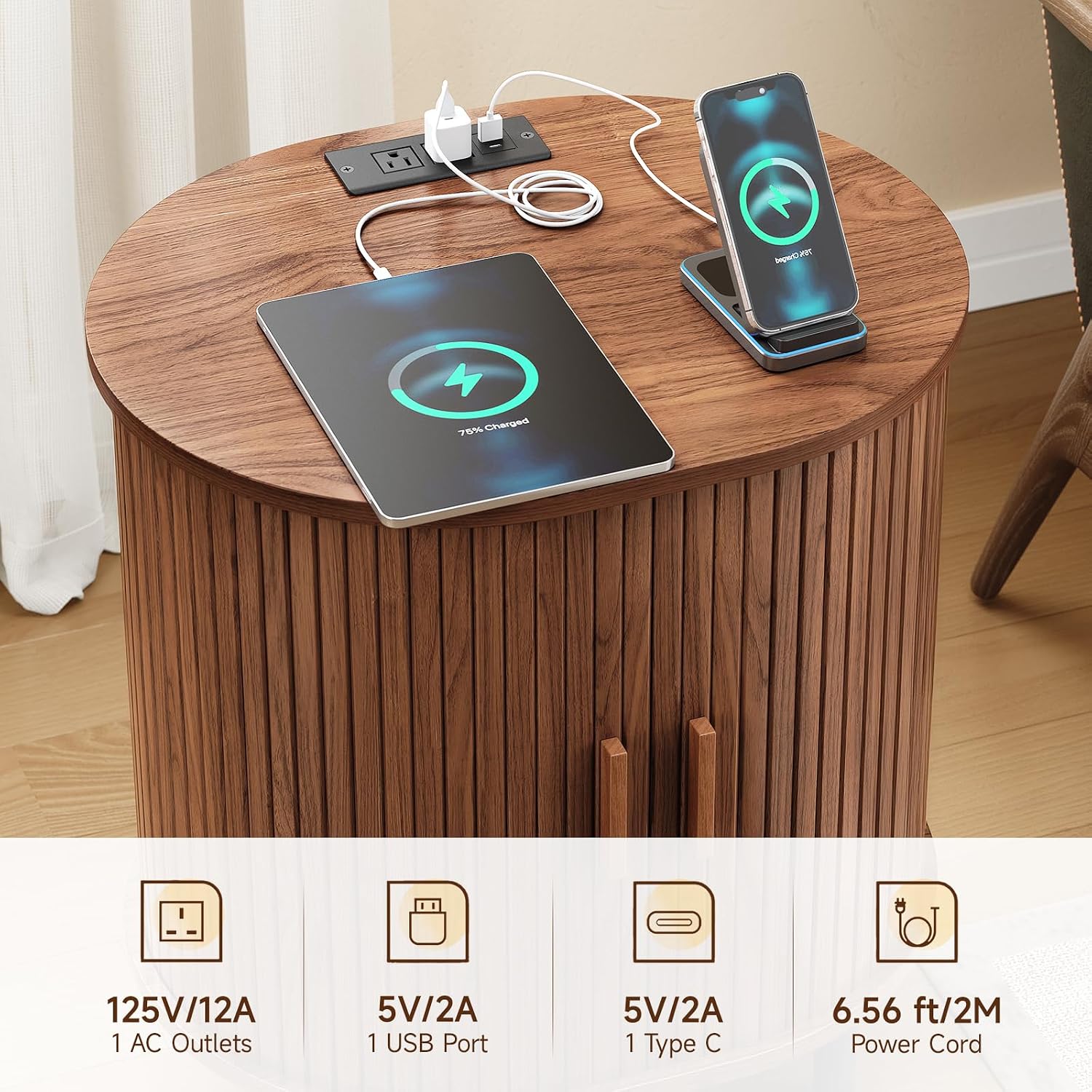 ONBRILL Oval End Table with Storage & Charging Station, Fluted Accent Side Table with Sliding Door & Adjustable Shelf, Mid-Century Modern Nightstand Set of 2 for Living Room, Bedroom, Walnut(2-Pack)