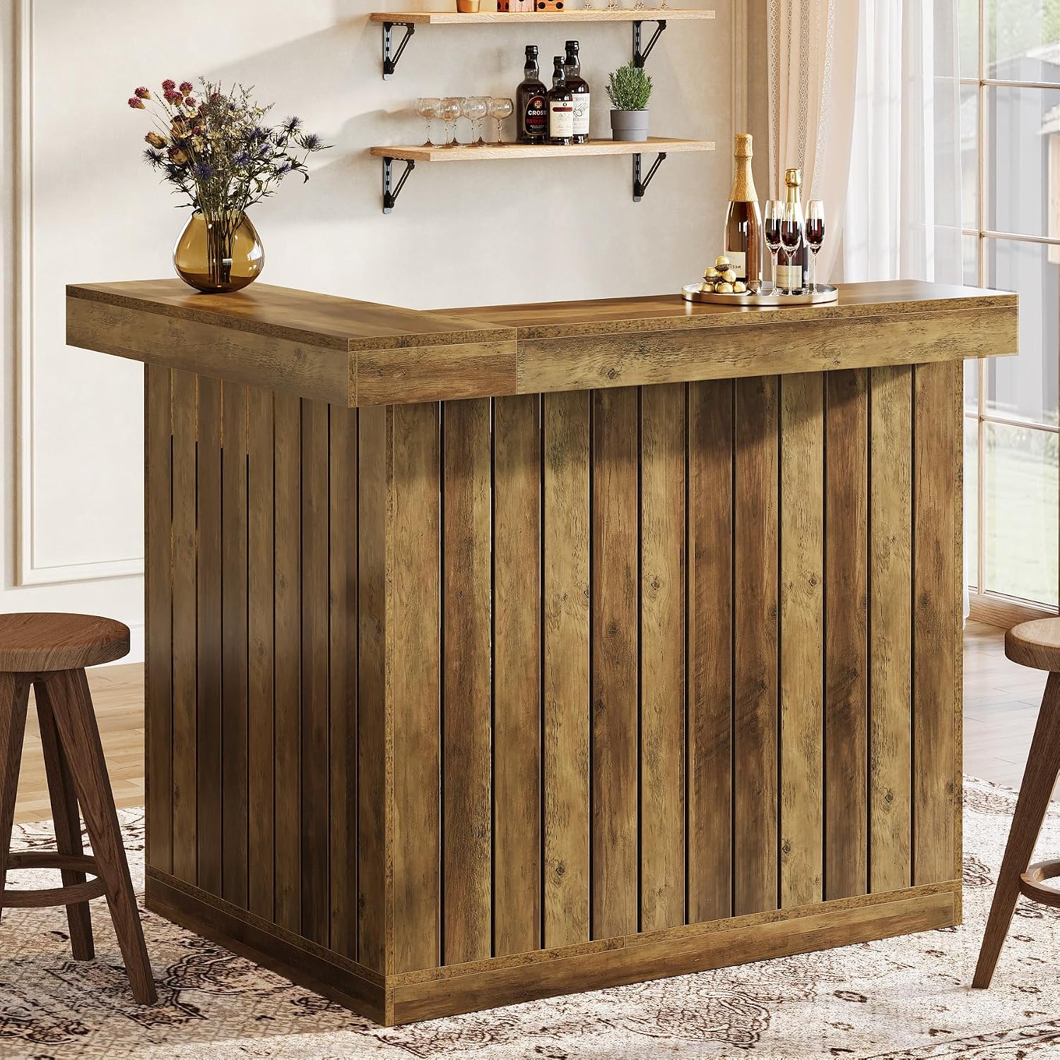 Tribesigns Home Bar Unit, L Shaped Bar Table for Home, 4-Tier Corner Liquor with Storage Shelves and Wine Glasses Holder, Industrial Wine Cabinet Reception Desk for Basement (1, Brown)
