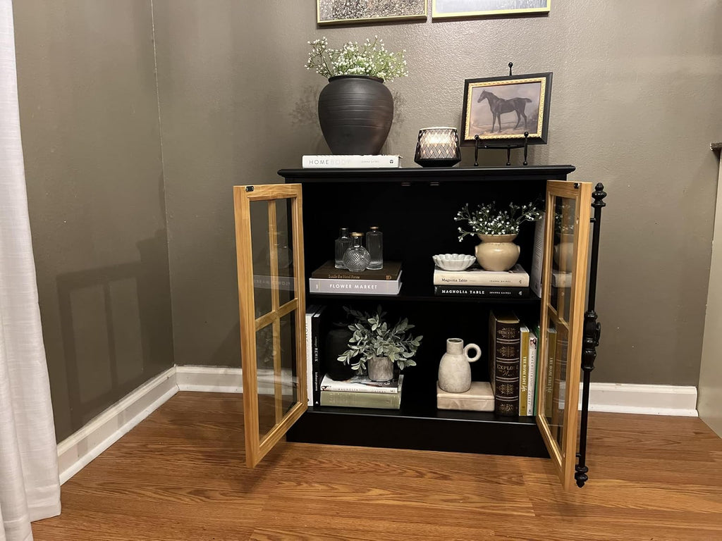MAISON ARTS Accent Cabinet with 2 Doors, Farmhouse Decorative Storage Cabinet for Entryway Living Room Modern Kitchen Sideboard Buffet Cabinet, Solid Wood Frame, Glass Doors Black