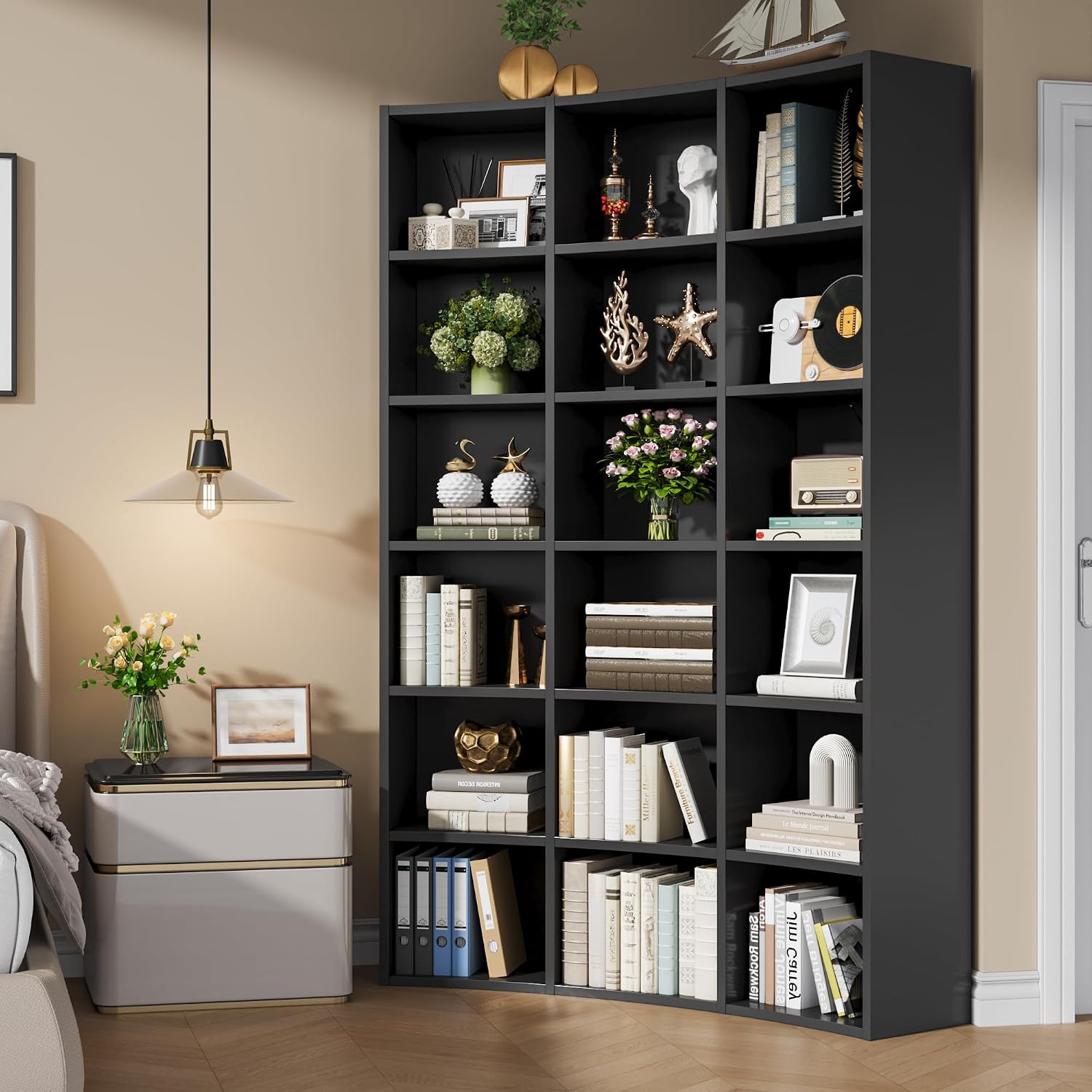 71' Curved Bookshelf,Triple Width 6 Tier Bookcase with Storage Cabinet,Modern Tall Bookshelf with 18 Open Display Shelves, Floor Standing Book Shelf for Living Room,Black