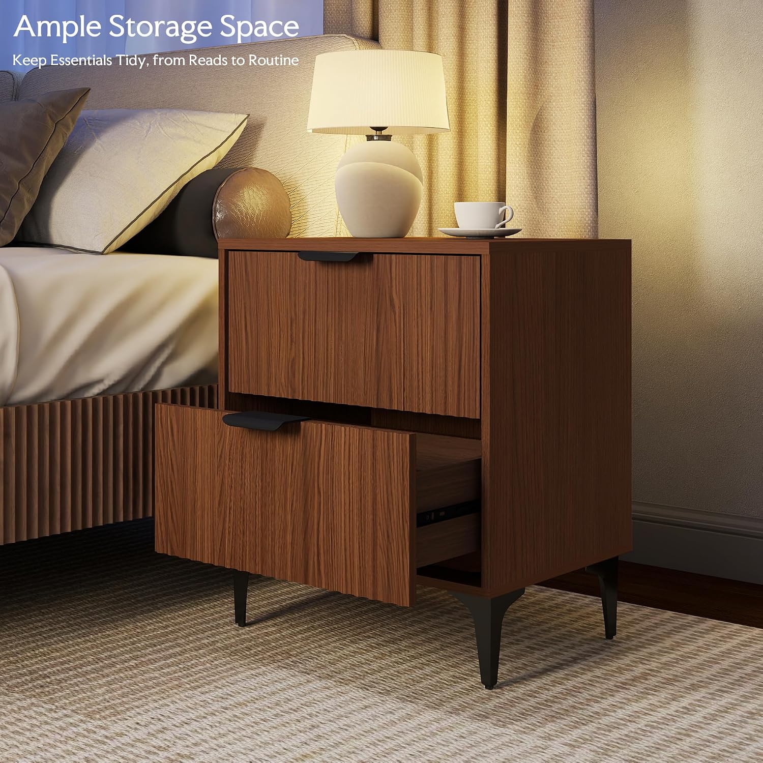 SUNWAVE Walnut Fluted Nightstand Set of 2, Modern Night Stands with 2 Drawers, Bedside Table for Twin/Full/Queen Bed, End Table with Robot-Friendly Metal Legs for Bedroom, Living Room