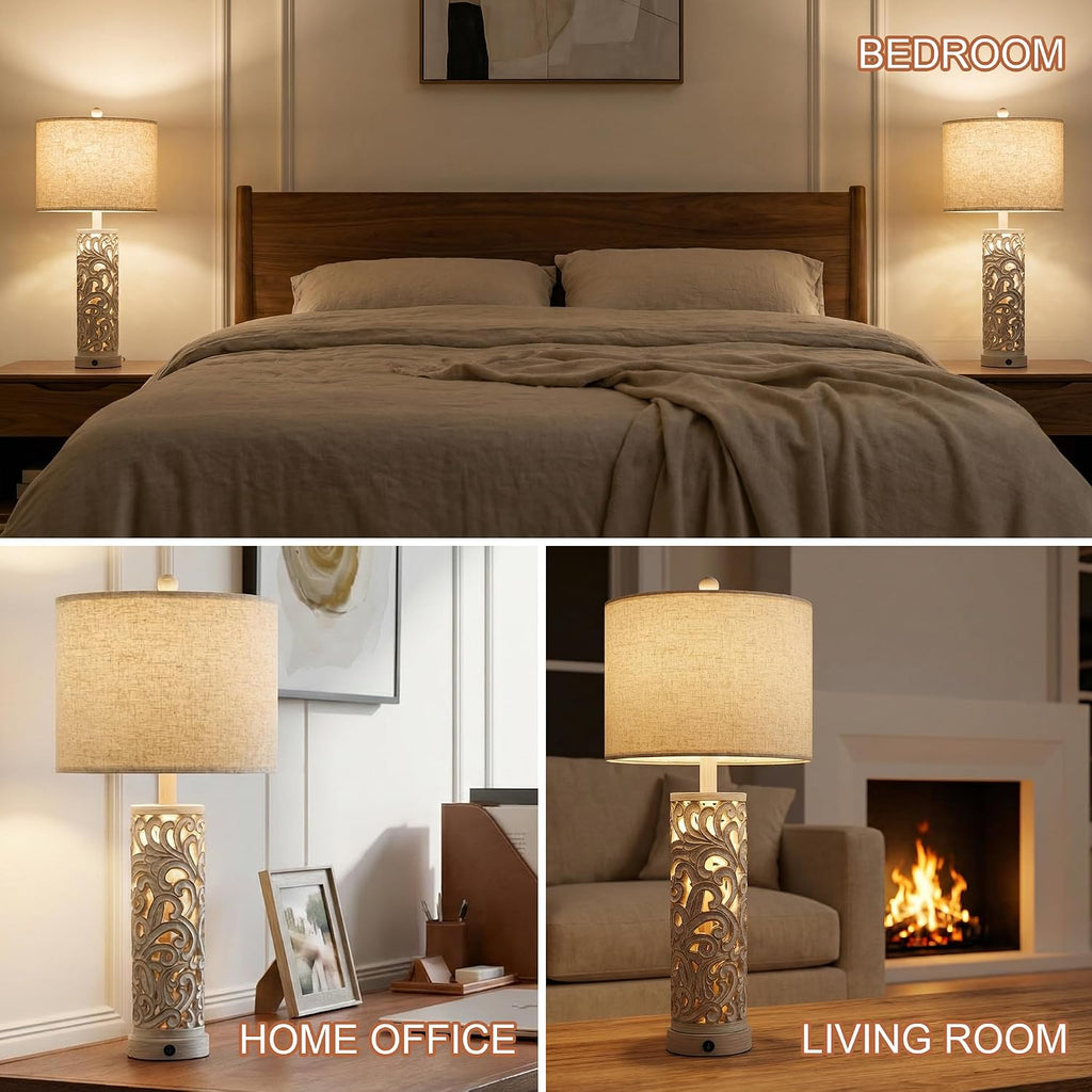 OYEARS 2-in-1 Light Table Lamp Set of 2 for Living Room, 28.5' Farmhouse Bedside Lamps with USB Charging Port, Main&Night Light & Dual Switches, Nightstand Lamp for Bedroom Home Office(Bulb Included)