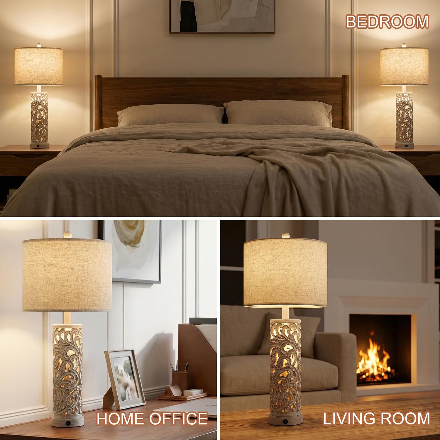 OYEARS 2-in-1 Light Table Lamp Set of 2 for Living Room, 28.5' Farmhouse Bedside Lamps with USB Charging Port, Main&Night Light & Dual Switches, Nightstand Lamp for Bedroom Home Office(Bulb Included)