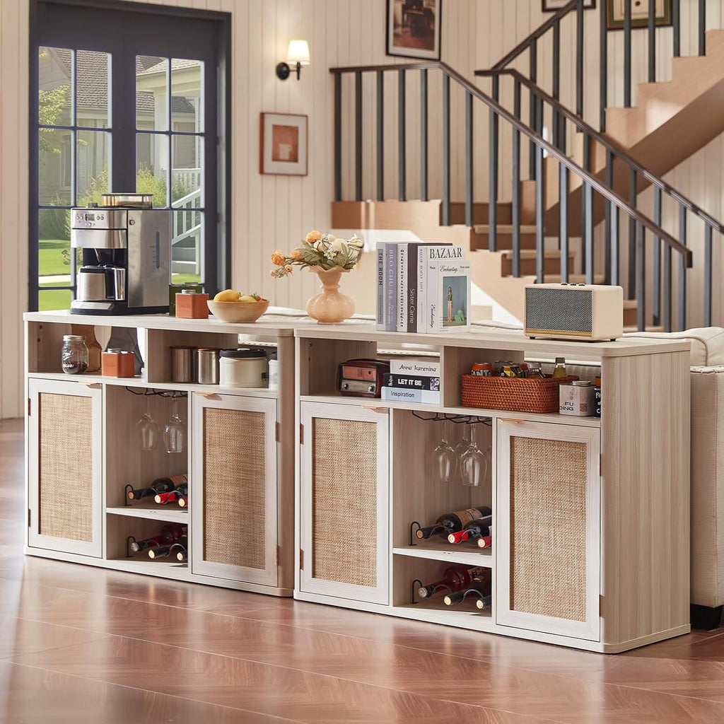 Lerliuo Rattan Wine Cabinet with 2 Doors, Boho Liquor Cabinet with Wine Racks, Farmhouse Coffee Bar Station for Living Room, Dining Room, Kitchen, Grey White