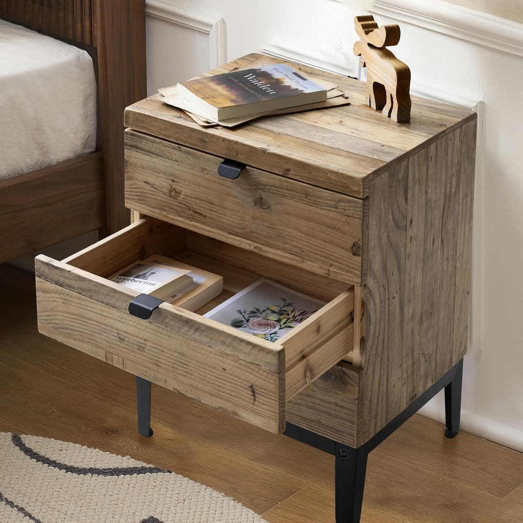 Wnutrees Farmhouse Nightstand Wood Bedside Table with 3-Drawers Bedside End Tables Storage for Living Room, Hallway, Handmade Distressed, Natural, Set of 2
