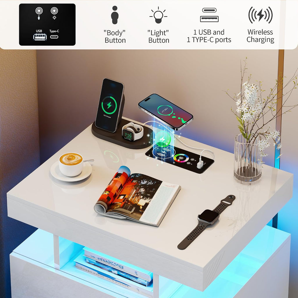 Smart Night Stand with Charging Station, Modern White Nightstand with 24 Color Lights and 2 Drawers, LED Bedside Tables with Auto Senor,High Gloss End Table for Bedroom