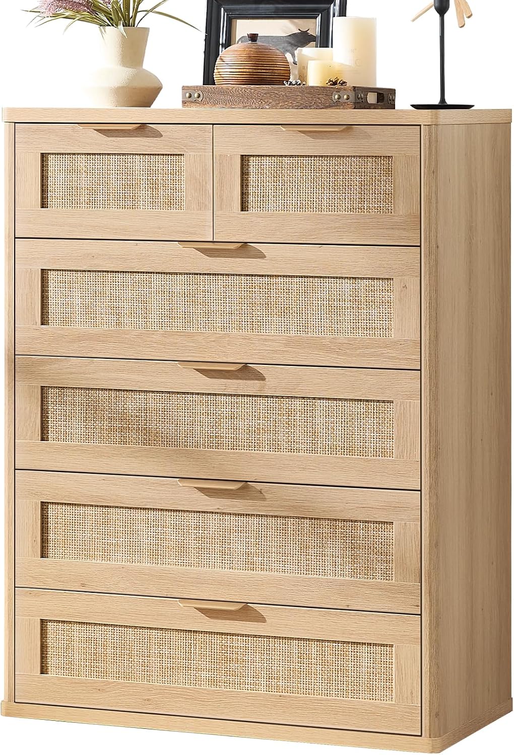 LEYAOYAO Rattan Dresser for Bedroom Set of 2, 41' Tall Chest of Drawers, Modern 6 Drawers Boho Dressers with Storage, Light Oak Dresser Wooden Closet Organizer for Living Room, Hallway, Natural Wood