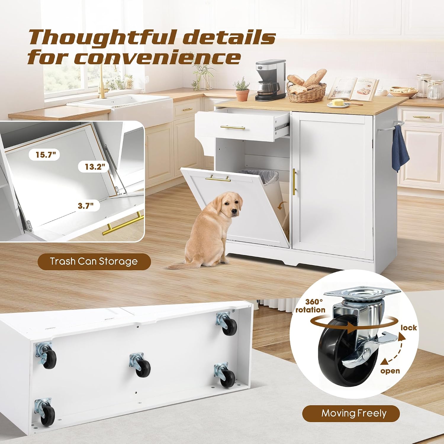 48' Kitchen Island with Trash Can Storage & Drop Leaf, Rolling Kitchen Island Table Cart with Spice/Towel Rack, Portable Kitchen Cabinet Bar Carts on Wheels with Drawer for Dining Room (White)