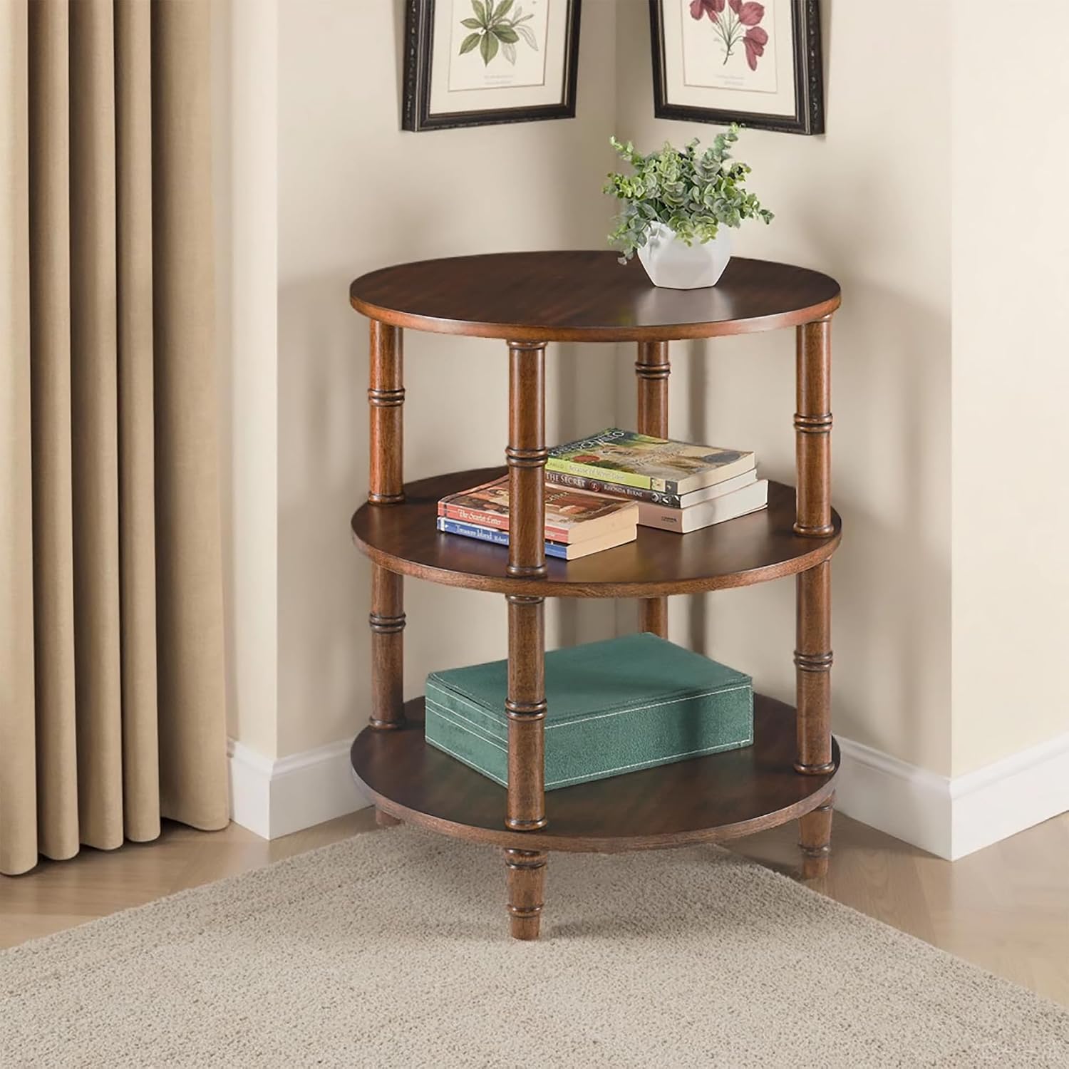 3-Tier Solid Wood Round End Table, Sofa Side Table with Open Storage Shelf Accent Corner Table with Wood Finish, Nightstand with Bamboo-Inspired Legs for Narrow Spaces, Dark Brown, 19.7'D x 23.6'H