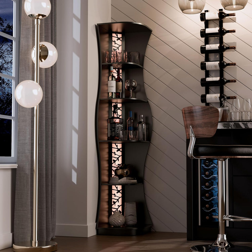 Homes: Inside + Out Connelly Modern 5 Shelf LED Bookcase, Unique Thin Wood Bookshelf with Storage and Remote, Office Shelving,Tall Book Shelf for Bedroom, Living Room and Small Spaces, Black