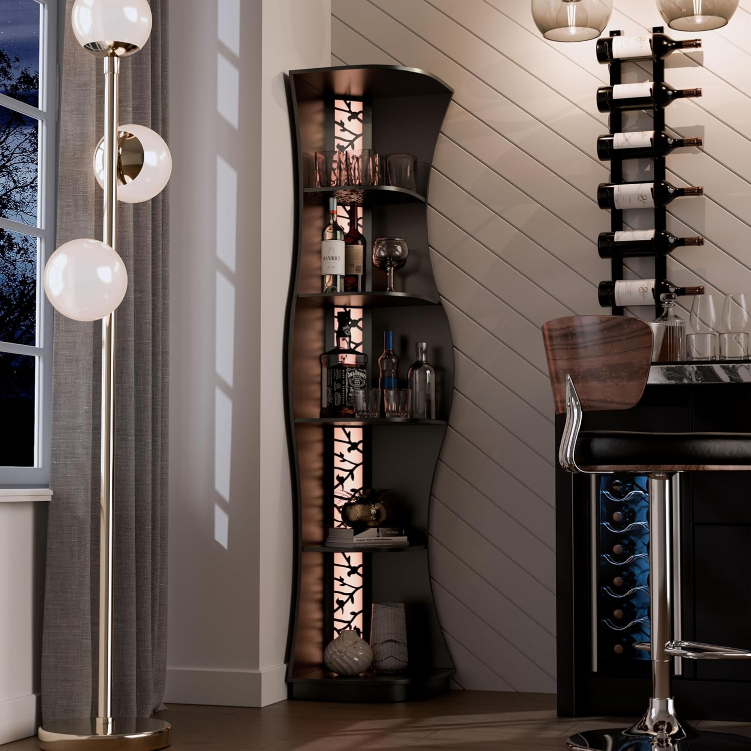 Homes: Inside + Out Connelly Modern 5 Shelf LED Bookcase, Unique Thin Wood Bookshelf with Storage and Remote, Office Shelving,Tall Book Shelf for Bedroom, Living Room and Small Spaces, Black