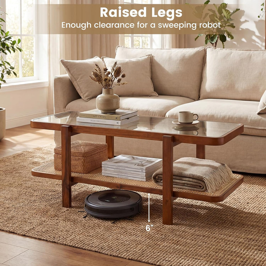 GOFLAME Rattan Coffee Table, 47.5' Solid Wood Center Table with Tempered Glass Top & Rattan Storage Shelf, Rectangular, Farmhouse, Boho, 2-Tier Mid Century Modern Tea Table for Living Room (Walnut)