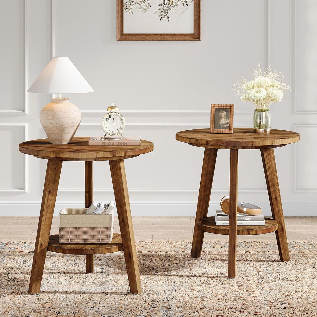 Solid Wood Round End Table Set of 2, Sofa Side Table with Storage Shelf, Farmhouse Nightstand for Living Room, Bedroom, Easy Assembly (Natural, 2 PCS)