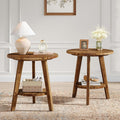 Solid Wood Round End Table Set of 2, Sofa Side Table with Storage Shelf, Farmhouse Nightstand for Living Room, Bedroom, Easy Assembly (Natural, 2 PCS)