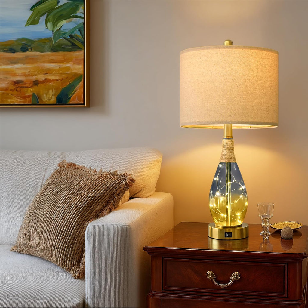 OYEARS 23' Table Lamps for Living Room Set of 2,Bedside Lamps for Night Stands, Rattan Lamps for Bedroom,Farmhouse Lamps with Glass Nightlight,Two Light Points