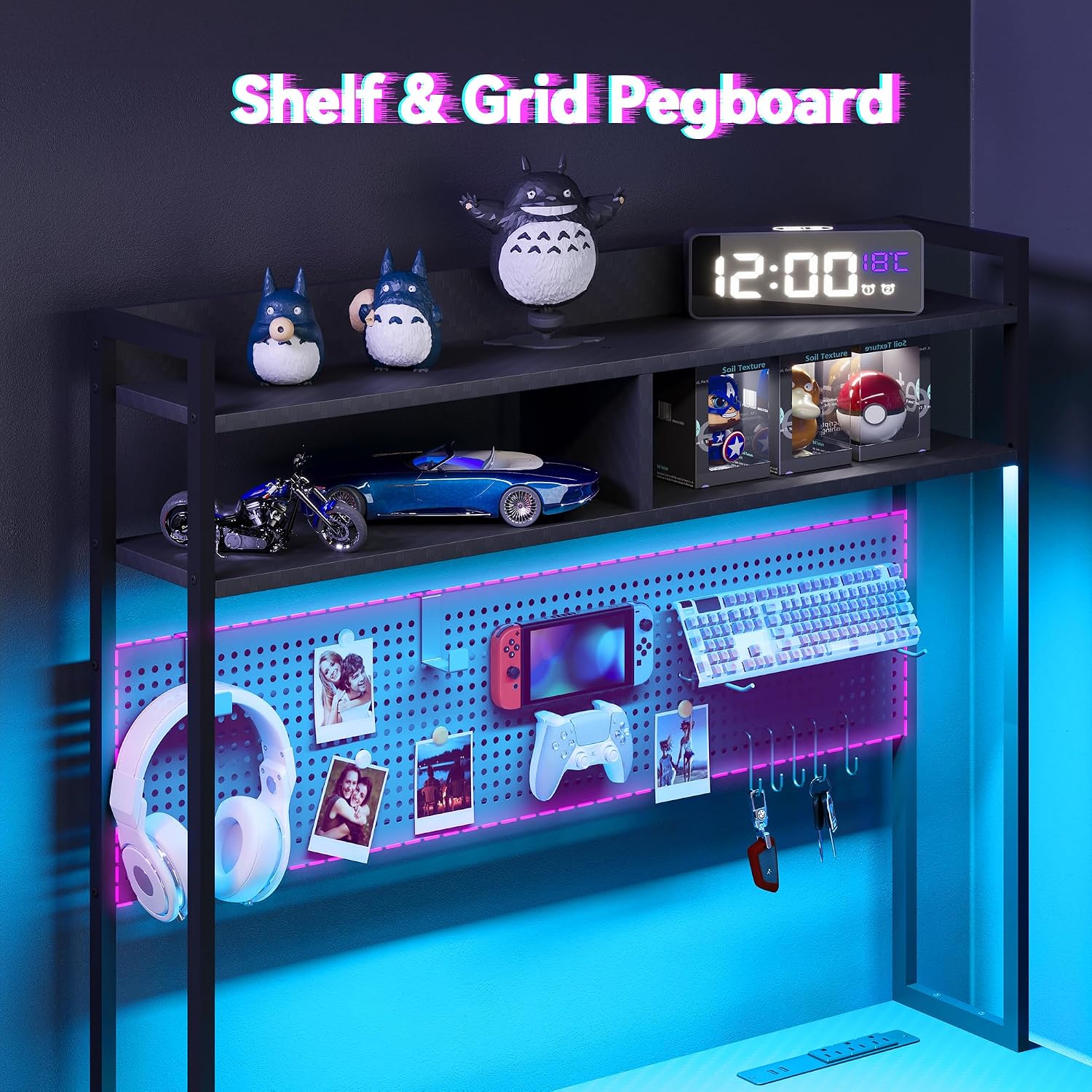 Apicizon L Shaped Gaming Desk 53', Reversible Corner Computer Desk with LED Lights, Carbon Fiber Surface, Pegboard with Hooks, Drawer & PC Tower Stand, USB Charging Port