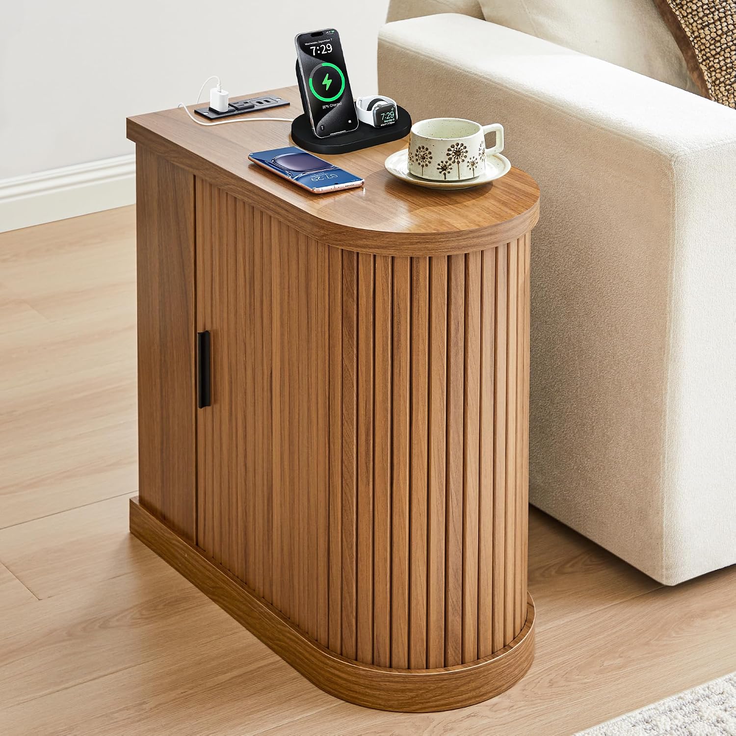 Turtle&Myrtle Nightstands with Charging Station, Narrow Side Table with Storage Doors and Shelves, Mid-Century Modern Bedside Table for Small Spaces Bedrooms, Walnut