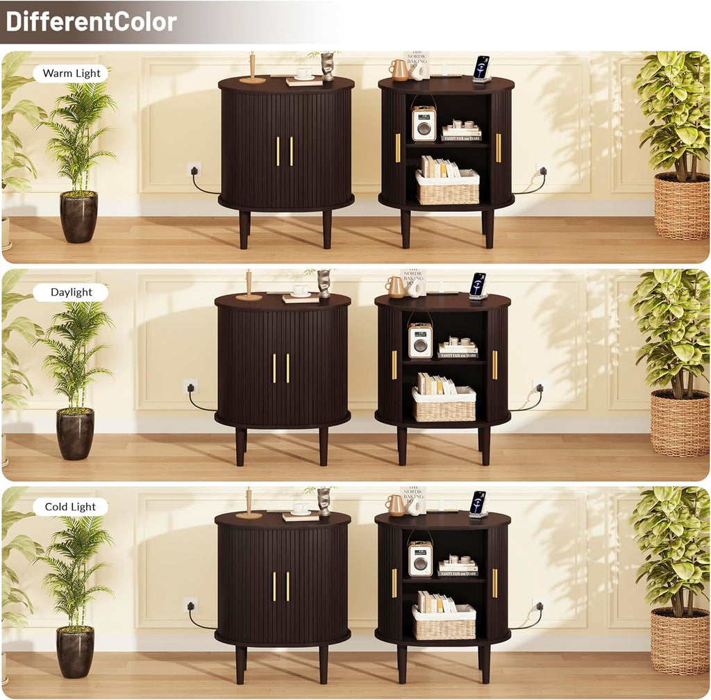DHH Mid Century Modern Nightstand set of 2 with Charging Station, Fluted Accent Side Table with Sliding Door & Adjustable Shelf, End Table for Small Space, Living Room, Bedroom,Sofa Couch, Dark Walnut