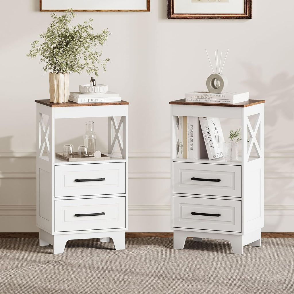 Tall Nightstand Set of 2 Side Table with 2 Drawers Modern Night Stand Wooden Rustic End Table Bedside Table with Below Open Shelf Solid Feet for Bedroom White+Walnut