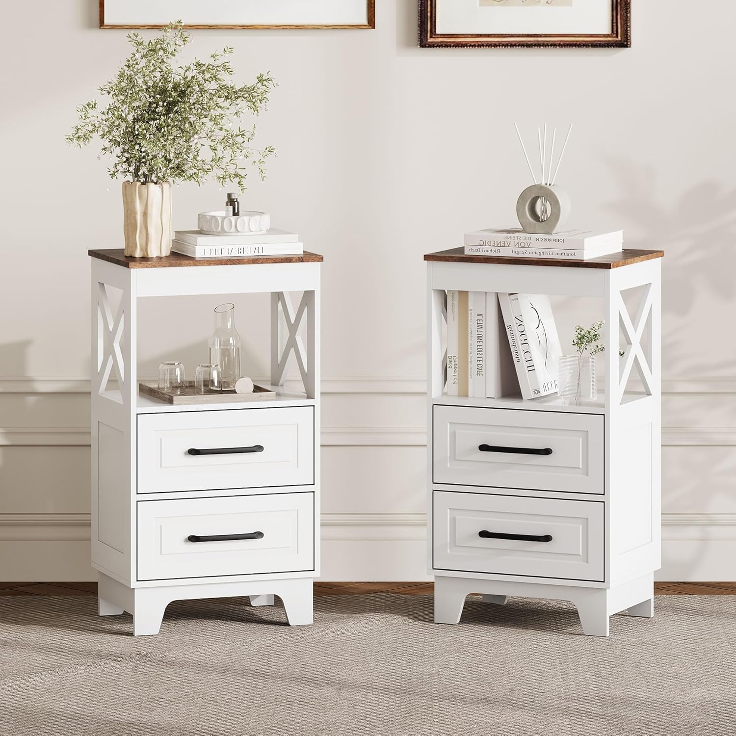 Tall Nightstand Set of 2 Side Table with 2 Drawers Modern Night Stand Wooden Rustic End Table Bedside Table with Below Open Shelf Solid Feet for Bedroom White+Walnut
