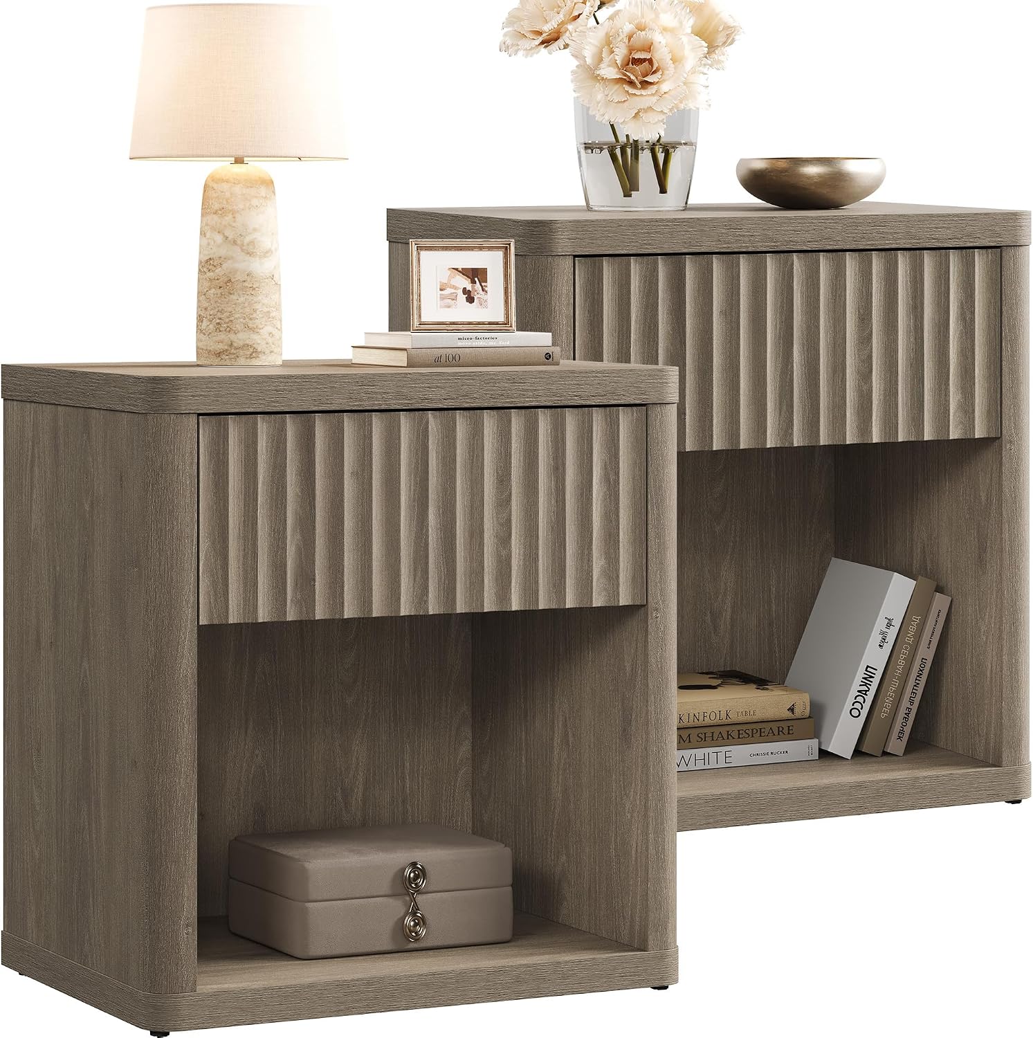 SICOTAS Night Stand Set of 2 Nightstands with Drawer Storage Fluted Bed Side Table End Table Large Modern Wide Bedside Stand Mid Century Night Stands for Bedroom Living Room Sofa Office, Grey Alder